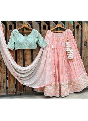 Delightful Thread Embroidered Peach Georgette Lehenga Choli